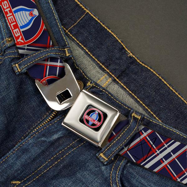 Buckle-Down SHELBY Cobra Full Color Black Gray Red Blue Seatbelt Belt - SHELBY Cobra/Plaid X Navy/Gray/Red Webbing
