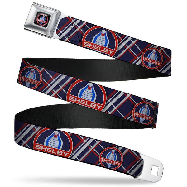 Buckle-Down SHELBY Cobra Full Color Black Gray Red Blue Seatbelt Belt - SHELBY Cobra/Plaid X Navy/Gray/Red Webbing