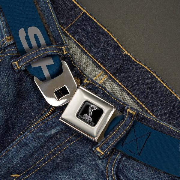 Buckle-Down SHELBY Tiffany Box Full Color Black Silver-Fade Seatbelt Belt - SHELBY Bold Blue/Gray Webbing
