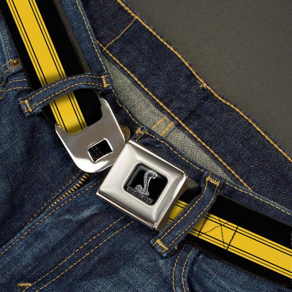 Buckle-Down SHELBY Tiffany Box Full Color Black Silver-Fade Seatbelt Belt - SHELBY GT 500/Cobra Box Stripe Black/Yellow Webbing
