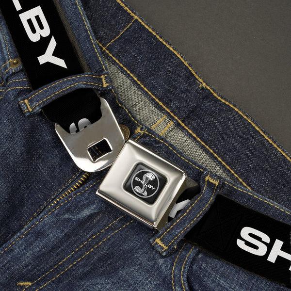 Buckle-Down SHELBY Tiffany Split Full Color Black/White Seatbelt Belt - SHELBY Text Only Black/White Webbing