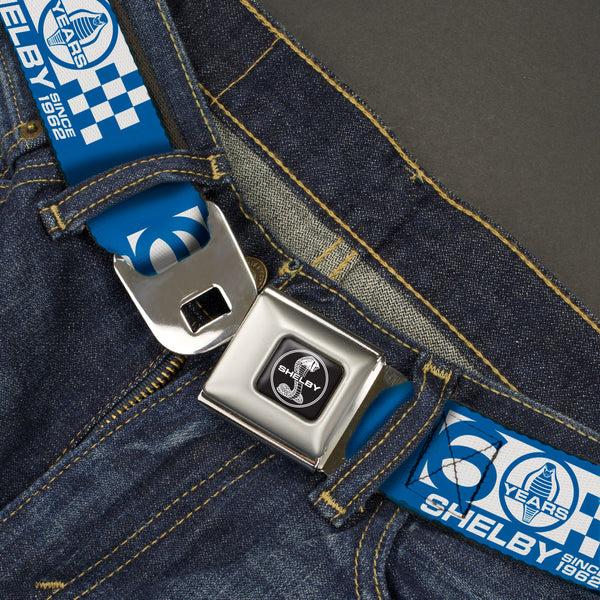 Buckle-Down SHELBY Tiffany Split Full Color Black/White Seatbelt Belt - SHELBY 60 YEARS SINCE 1962 Checker Blue/White Webbing