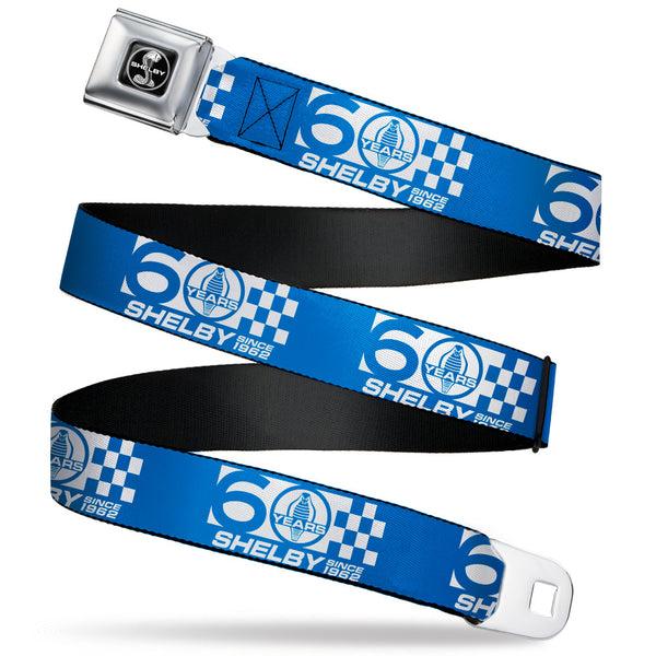 Buckle-Down SHELBY Tiffany Split Full Color Black/White Seatbelt Belt - SHELBY 60 YEARS SINCE 1962 Checker Blue/White Webbing