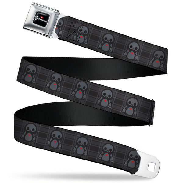 Buckle-Down SKELANIMALS Title Logo Full Color Black/White/Red Seatbelt Belt - Skelanimals Pen the Penguin Pose Plaid Grays/Black Webbing
