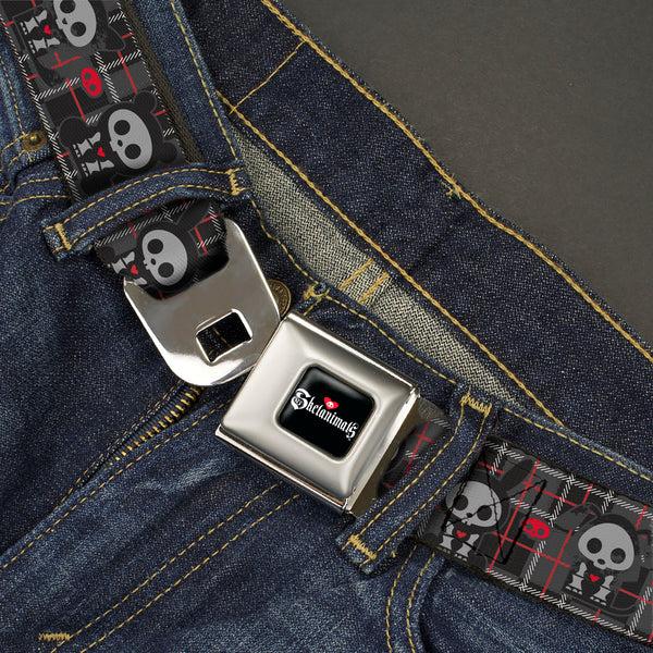 Buckle-Down SKELANIMALS Title Logo Full Color Black/White/Red Seatbelt Belt - Skelanimals Five Animals And Face Logo Plaid Black/Red/White Webbing