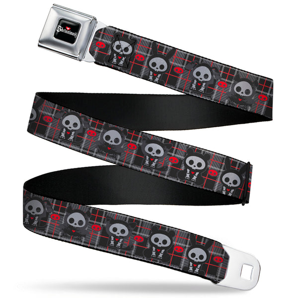 Buckle-Down SKELANIMALS Title Logo Full Color Black/White/Red Seatbelt Belt - Skelanimals Five Animals and Face Logo Plaid Black/Red/White Webbing