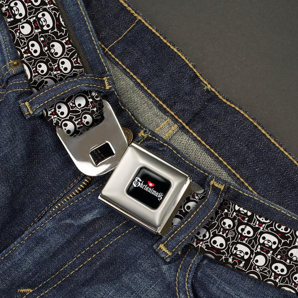 Buckle-Down SKELANIMALS Title Logo Full Color Black/White/Red Seatbelt Belt - Skelanimals Animal Poses Stacked Black/White/Red Webbing