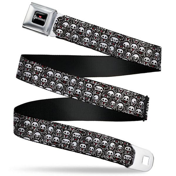 Buckle-Down SKELANIMALS Title Logo Full Color Black/White/Red Seatbelt Belt - Skelanimals Animal Poses Stacked Black/White/Red Webbing