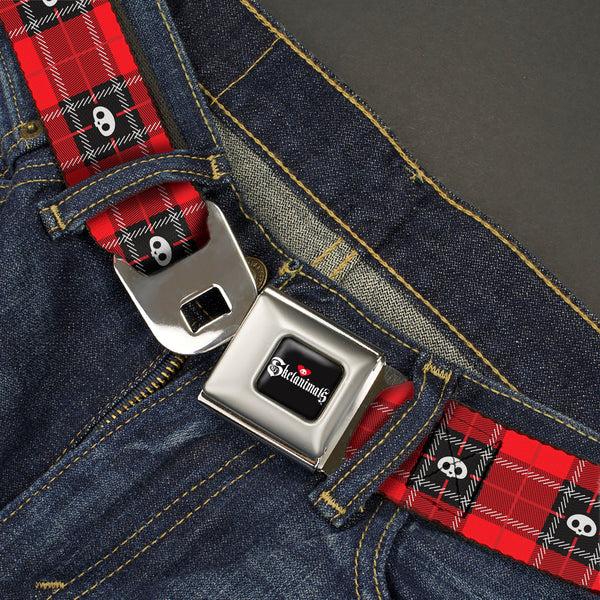 Buckle-Down SKELANIMALS Title Logo Full Color Black/White/Red Seatbelt Belt - Skelanimals Face Logo Plaid Red/Black/White Webbing