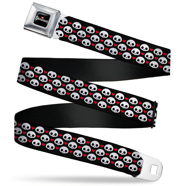 Buckle-Down SKELANIMALS Title Logo Full Color Black/White/Red Seatbelt Belt - Skelanimals Face Logo and Heart Black/White/Red Webbing