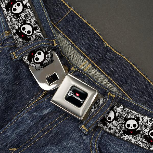 Buckle-Down SKELANIMALS Title Logo Full Color Black/White/Red Seatbelt Belt - Skelanimals Diego The Bat Pose Lace Print White/Black Webbing