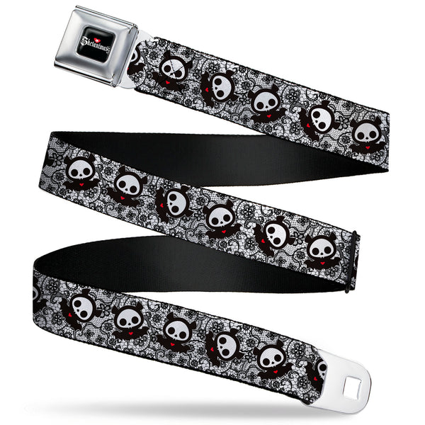 Buckle-Down SKELANIMALS Title Logo Full Color Black/White/Red Seatbelt Belt - Skelanimals Diego the Bat Pose Lace Print White/Black Webbing