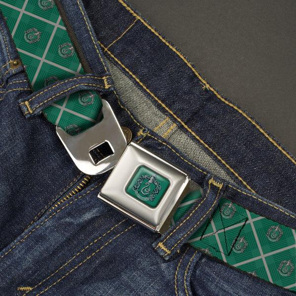 Buckle-Down SLYTHERIN Crest Full Color Green Seatbelt Belt - Harry Potter Slytherin Crest Plaid Greens/Gray Webbing