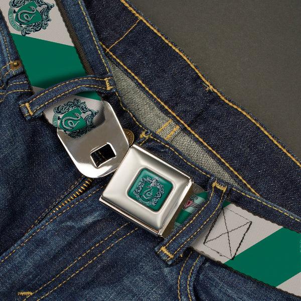 Buckle-Down SLYTHERIN Crest Full Color Green Seatbelt Belt - SLYTHERIN Crest Diagonal Stripe Gray/Green Webbing
