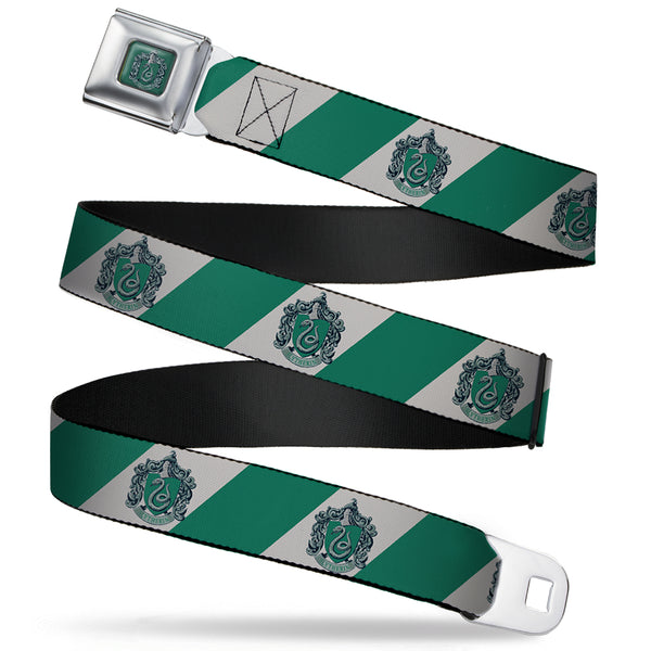 Buckle-Down SLYTHERIN Crest Full Color Green Seatbelt Belt - SLYTHERIN Crest Diagonal Stripe Gray/Green Webbing