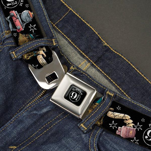 Buckle-Down Slytherin Crest Full Color Seatbelt Belt - Harry Potter PLATFORM 9 3/4 Collage Black/White Webbing