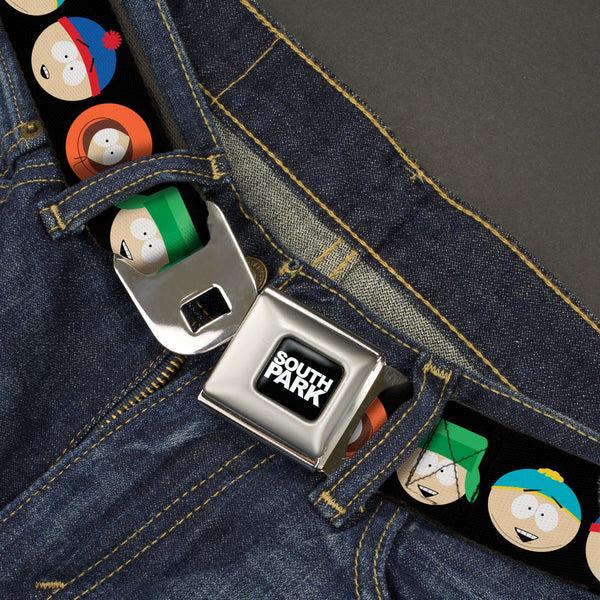 Buckle-Down SOUTH PARK Title Logo Full Color Black/White Seatbelt Belt - South Park Boys Face Repeat Black Webbing