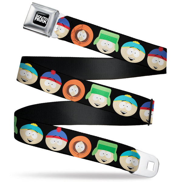 Buckle-Down SOUTH PARK Title Logo Full Color Black/White Seatbelt Belt - South Park Boys Face Repeat Black Webbing