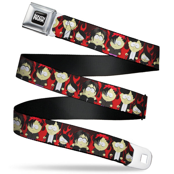 Buckle-Down SOUTH PARK Title Logo Full Color Black/White Seatbelt Belt - South Park Goth Kids Poses Flame Reds Webbing