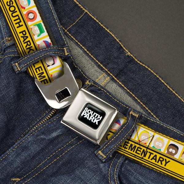 Buckle-Down SOUTH PARK Title Logo Full Color Black/White Seatbelt Belt - SOUTH PARK ELEMENTARY School Bus Characters Pose Yellow Webbing