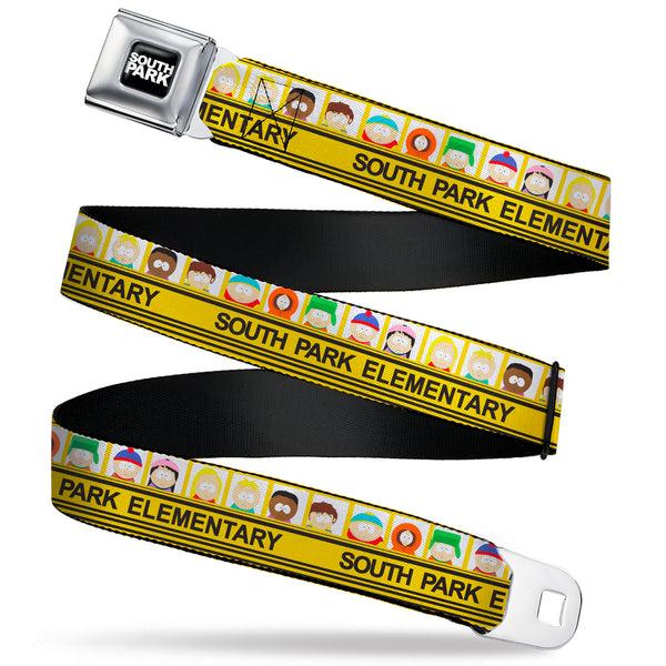 Buckle-Down SOUTH PARK Title Logo Full Color Black/White Seatbelt Belt - SOUTH PARK ELEMENTARY School Bus Characters Pose Yellow Webbing