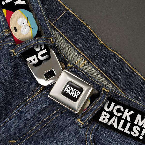 Buckle-Down SOUTH PARK Title Logo Full Color Black/White Seatbelt Belt - South Park Cartman SUCK MY BALLS Pose Black/White Webbing