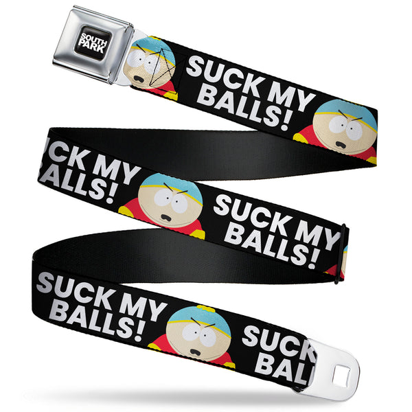 Buckle-Down SOUTH PARK Title Logo Full Color Black/White Seatbelt Belt - South Park Cartman SUCK MY BALLS Pose Black/White Webbing