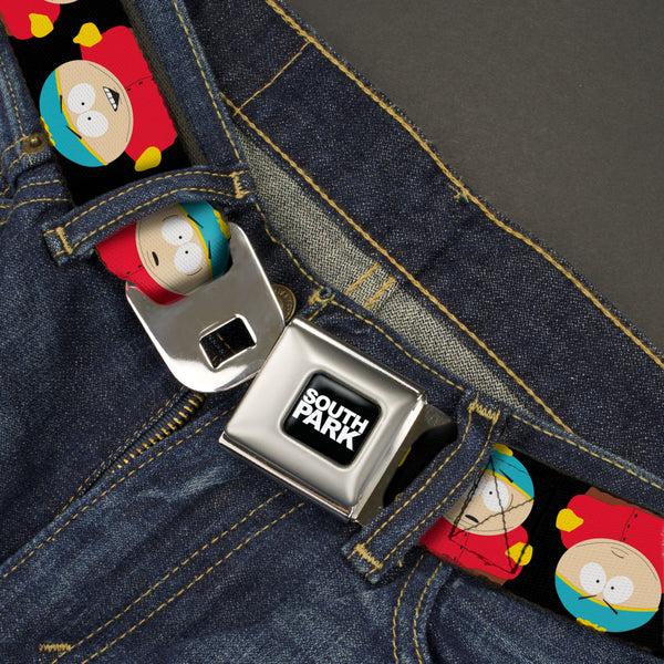 Buckle-Down SOUTH PARK Title Logo Full Color Black/White Seatbelt Belt - South Park Cartman Flip Poses Black Webbing