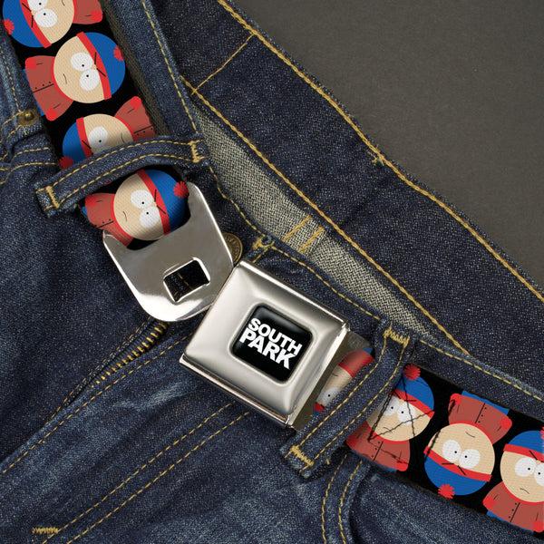 Buckle-Down SOUTH PARK Title Logo Full Color Black/White Seatbelt Belt - South Park Stan Flip Poses Black Webbing