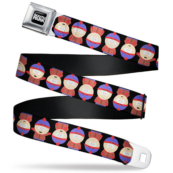 Buckle-Down SOUTH PARK Title Logo Full Color Black/White Seatbelt Belt - South Park Stan Flip Poses Black Webbing