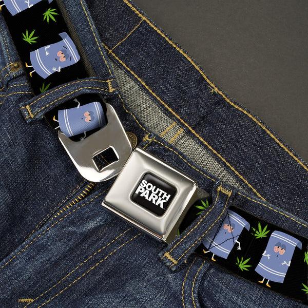 Buckle-Down SOUTH PARK Title Logo Full Color Black/White Seatbelt Belt - South Park Towlie And Scattered Pot Leaves Black Webbing