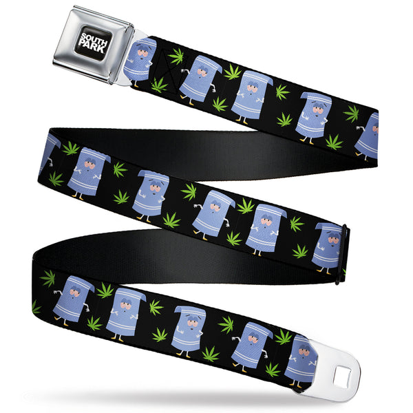 Buckle-Down SOUTH PARK Title Logo Full Color Black/White Seatbelt Belt - South Park Towlie and Scattered Pot Leaves Black Webbing