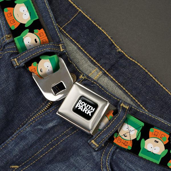 Buckle-Down SOUTH PARK Title Logo Full Color Black/White Seatbelt Belt - South Park Kyle Flip Poses Black Webbing