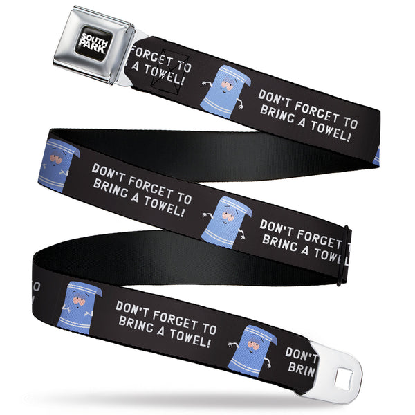 Buckle-Down SOUTH PARK Title Logo Full Color Black/White Seatbelt Belt - South Park Towlie DON’T FORGET TO BRING A TOWEL Pose Black Webbing
