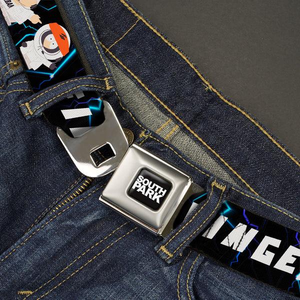 Buckle-Down SOUTH PARK Title Logo Full Color Black/White Seatbelt Belt - South Park Boy Band FINGERBANG Lightning Pose Black Webbing
