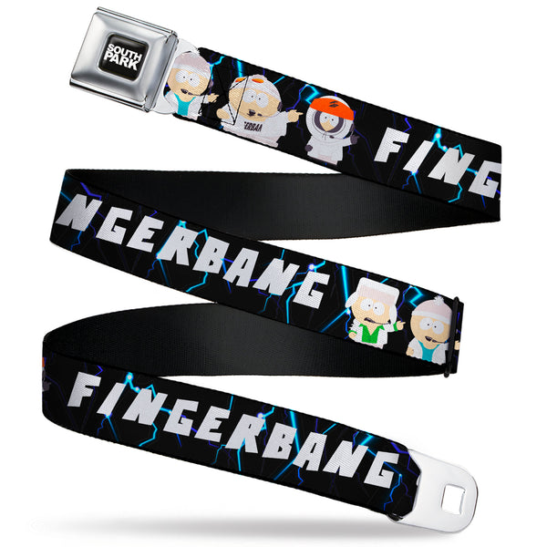 Buckle-Down SOUTH PARK Title Logo Full Color Black/White Seatbelt Belt - South Park Boy Band FINGERBANG Lightning Pose Black Webbing