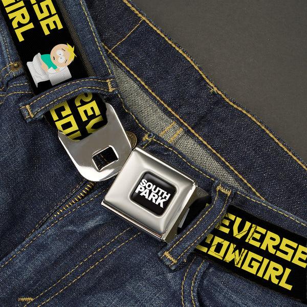 Buckle-Down SOUTH PARK Title Logo Full Color Black/White Seatbelt Belt - South Park Butters REVERSE COWGIRL Toilet Pose Black/Yellow Webbing