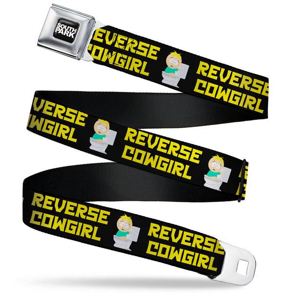 Buckle-Down SOUTH PARK Title Logo Full Color Black/White Seatbelt Belt - South Park Butters REVERSE COWGIRL Toilet Pose Black/Yellow Webbing