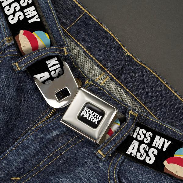 Buckle-Down SOUTH PARK Title Logo Full Color Black/White Seatbelt Belt - South Park Cartman Pants KISS MY ASS Pose Black/White Webbing