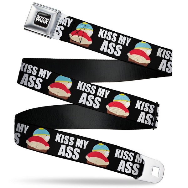 Buckle-Down SOUTH PARK Title Logo Full Color Black/White Seatbelt Belt - South Park Cartman Pants KISS MY ASS Pose Black/White Webbing