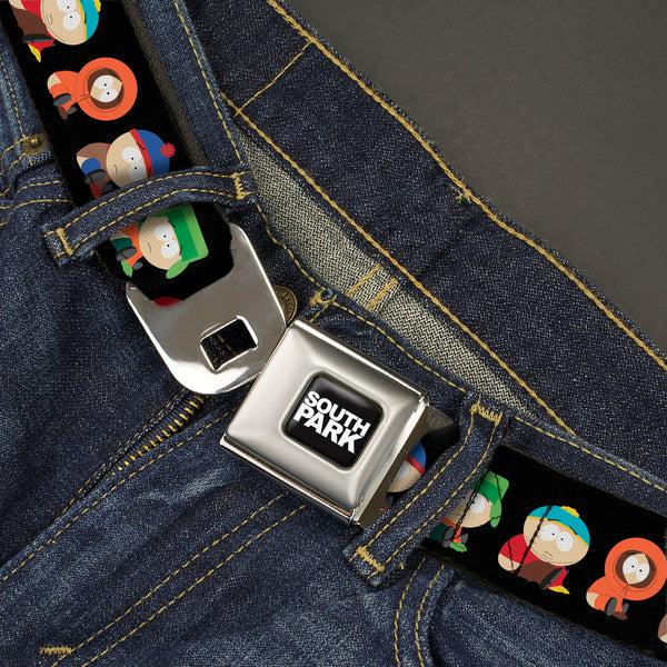 Buckle-Down SOUTH PARK Title Logo Full Color Black/White Seatbelt Belt - South Park Boys Faith Hilling Butt Scratch Poses Black Webbing
