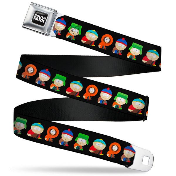 Buckle-Down SOUTH PARK Title Logo Full Color Black/White Seatbelt Belt - South Park Boys Faith Hilling Butt Scratch Poses Black Webbing