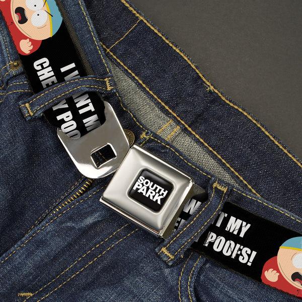 Buckle-Down SOUTH PARK Title Logo Full Color Black/White Seatbelt Belt - South Park Cartman I WANT MY CHEESY POOFS Pose Black Webbing