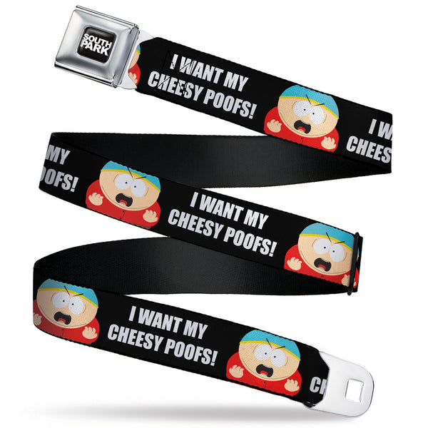 Buckle-Down SOUTH PARK Title Logo Full Color Black/White Seatbelt Belt - South Park Cartman I WANT MY CHEESY POOFS Pose Black Webbing