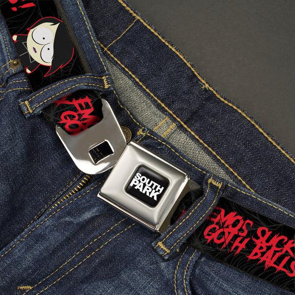 Buckle-Down SOUTH PARK Title Logo Full Color Black/White Seatbelt Belt - South Park Goth Firkle EMOS SUCKS MY GOTH BALLS Black/Gray/Red Webbing