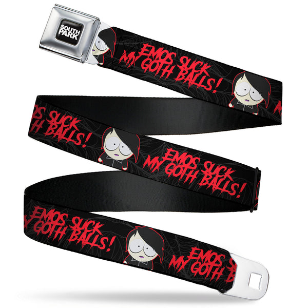 Buckle-Down SOUTH PARK Title Logo Full Color Black/White Seatbelt Belt - South Park Goth Firkle EMOS SUCKS MY GOTH BALLS Black/Gray/Red Webbing