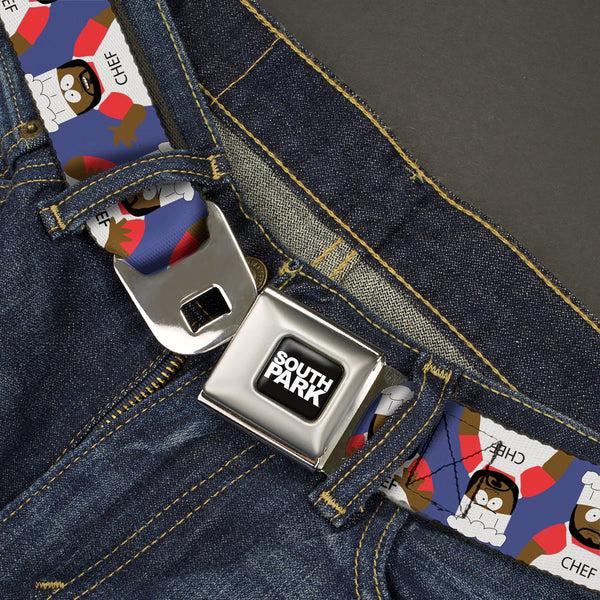 Buckle-Down SOUTH PARK Title Logo Full Color Black/White Seatbelt Belt - South Park Chef Pose Flips Blue Webbing