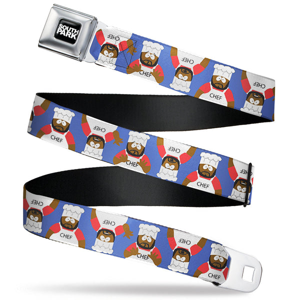Buckle-Down SOUTH PARK Title Logo Full Color Black/White Seatbelt Belt - South Park Chef Pose Flips Blue Webbing