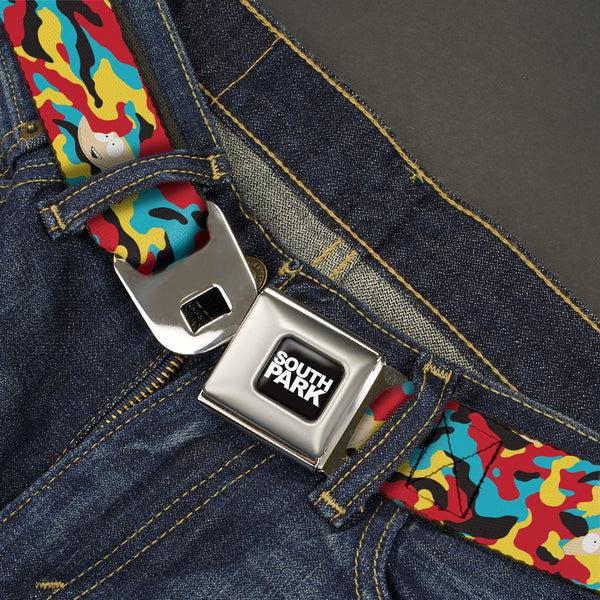 Buckle-Down SOUTH PARK Title Logo Full Color Black/White Seatbelt Belt - South Park Cartman Camo Black/Red/Yellow/Blue Webbing