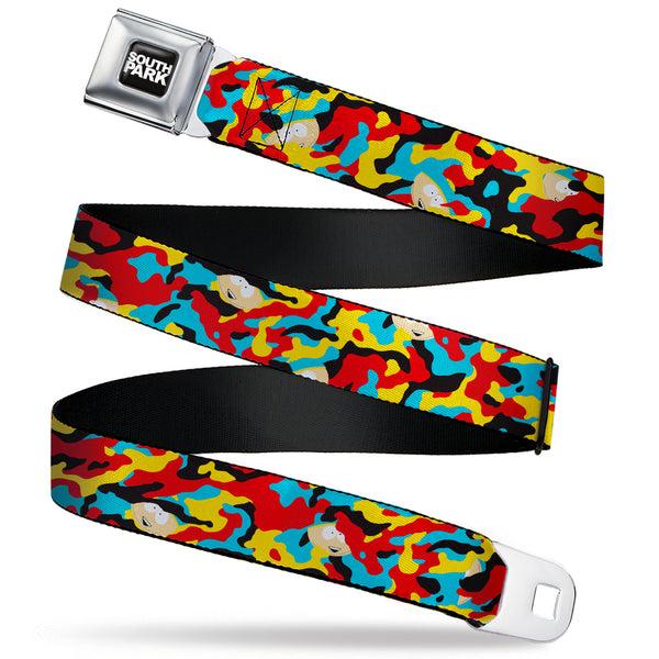 Buckle-Down SOUTH PARK Title Logo Full Color Black/White Seatbelt Belt - South Park Cartman Camo Black/Red/Yellow/Blue Webbing